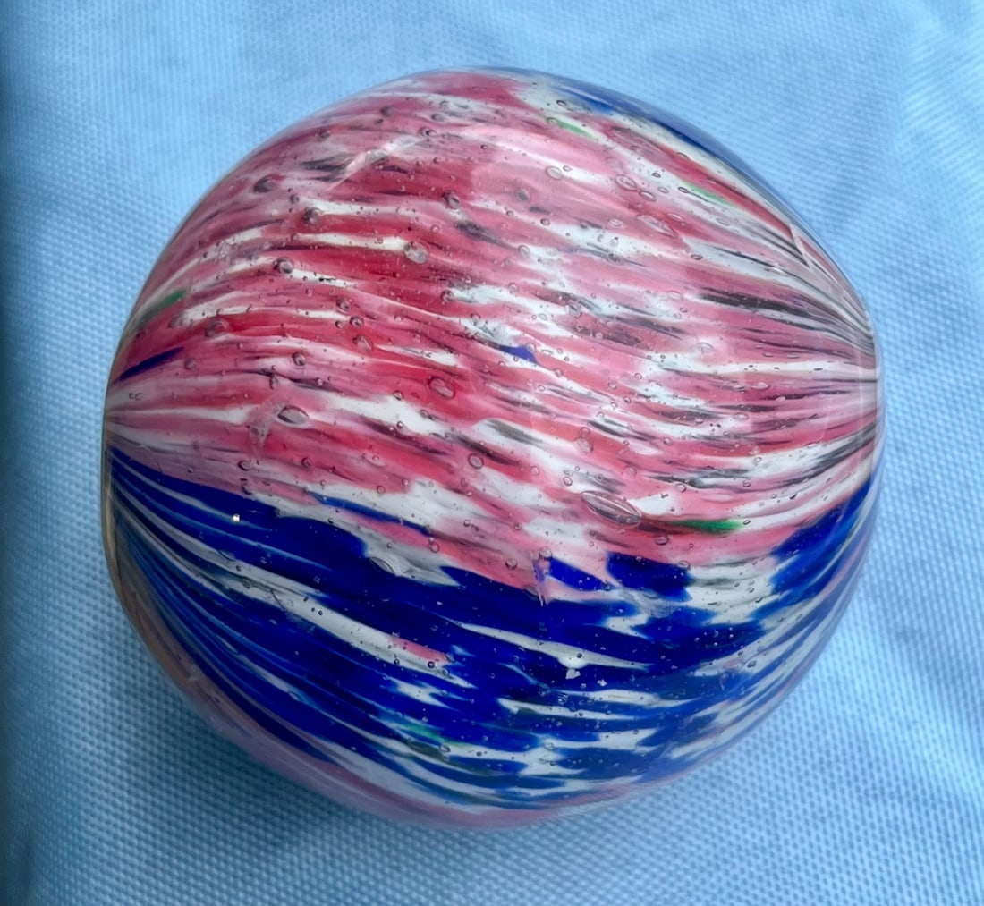 Large 2.25" End-Of-Day Red White & Blue Swirl Glass Marble, C. 1880-1920: Large 2.25" hand made End-Of-Day Red White & Blue Swirl Glass Marble, C. 1880-1920, A striking and colorful Antique Hand-Gathered End-Of-Day swirl marble measuring approx. 2 1/4" in diameter, with a v