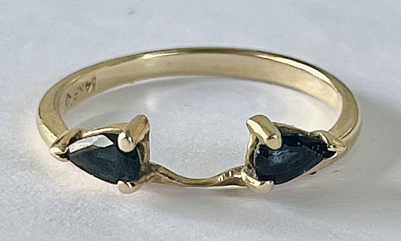 14K Yellow Gold Ring with 2 Blue Tear Drop Shaped Stones, 1.82 Grams, Size 7: 14K Yellow Gold Ring with 2 Blue Tear Drop Shaped Stones, 1.82 Grams, Size 7, stamped 14KP (P for Plumb, meaning precisely 14K)