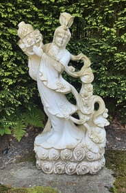Life Size Carved Marble Sculpture of Asian Goddess with Dove and Flower Vase