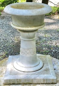 Antique White Marble Garden Urn or Bird Bath on Pedestal Base, late 19th, Early 20th C.