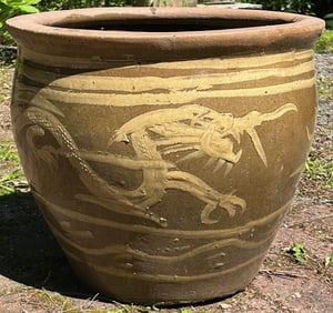 Large Vintage Chinese Glazed Terracotta Dragon Jar Planter, Hand Decorated