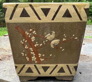 Vintage Asian Chinese Painted Ceramic Planter with Landscape and Bird Motifs
