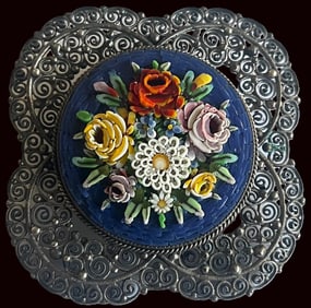 VINTAGE ITALIAN MICRO-MOSAIC 800 SILVER FILIGREE FLORAL BROOCH