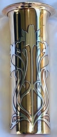 Art Nouveau Sterling Silver Overlay Vase on Bronze, Floral Cutout Design, Marked  c. 1910