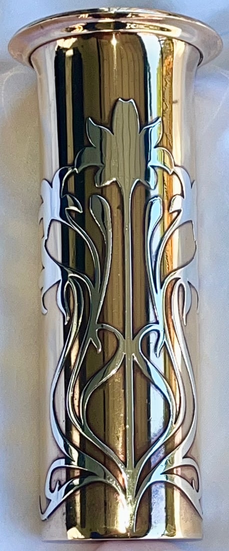 Art Nouveau Sterling Silver Overlay Vase on Bronze, Floral Cutout Design, Marked c. 1910: Beautiful early 20th-century sterling silver overlay vase featuring an elegant Art Nouveau floral design applied over a bronze body. The sterling silver forms flowing stems and blossoms in cutout/reti