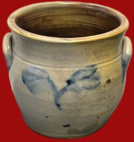 19th C. Salt-Glazed Stoneware Crock with Cobalt blue Floral Brushwork