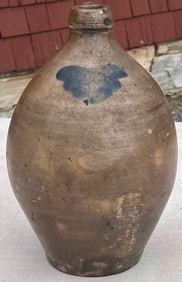 Early 19th C. Salt-Glazed Stoneware Ovoid Jug with Cobalt Decoration