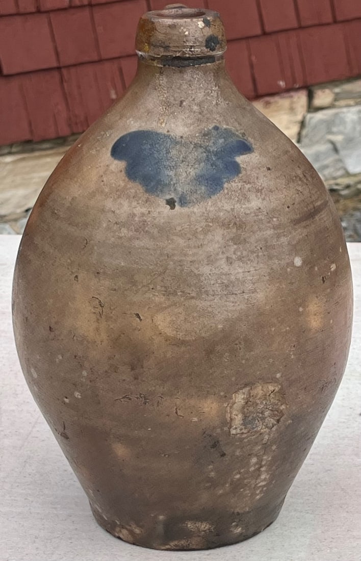 Early 19th C. Salt-Glazed Stoneware Ovoid Jug with Cobalt Decoration: Early 19th C. Salt-Glazed Stoneware Ovoid Jug with Cobalt Decoration, MEASURES APPROX. 10 1/4" HIGH, 6" DIAMETER, 4" DIAMETER BASE, condition as seen in photos provided
