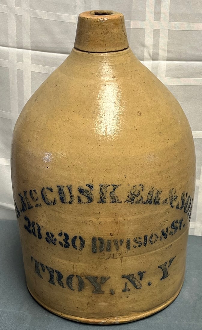 A. McCusker & Sons Stenciled Stoneware Advertising Jug, 28 & 30 Division St., Troy NY, 19th C. (1 of 12)