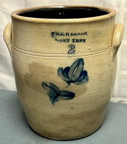 Wm. E. Warner West Troy (N.Y.) 2 Gallon Stoneware Crock with Cobalt Floral Decoration