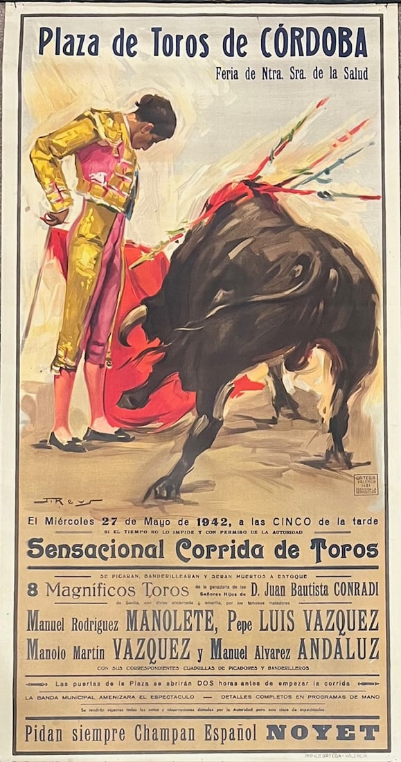1942 Plaza de Toros de Córdoba Bullfight Poster – Featuring Legendary Matador Manolete: 1942 Plaza de Toros de Córdoba Bullfight Poster – Featuring Legendary Matador Manolete, Original 1942 Spanish bullfighting poster (Cartel Taurino) for the Plaza de Toros de Córdoba, printed for th