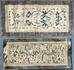Two Qing Dynasty Embroidered Silk Panels with Birds and Flowers and Figures