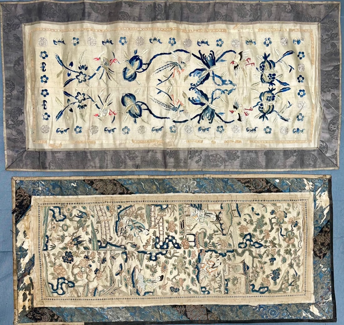 Two Qing Dynasty Embroidered Silk Panels with Birds and Flowers and Figures: Two Qing Dynasty Embroidered Silk Panels with Birds and Flowers and Figures, including a finely hand-embroidered late Qing dynasty silk panel, worked in shades of blue, ivory, and cobalt on a cream gr