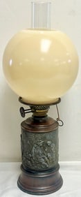 Antique Figural Kerosene Lamp with Repoussé Metal Base and Opaline Globe / Ball Shade