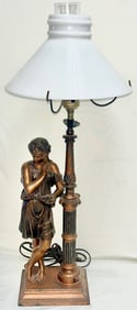 Antique Figural Spelter Table Lamp with Milk Glass Shade