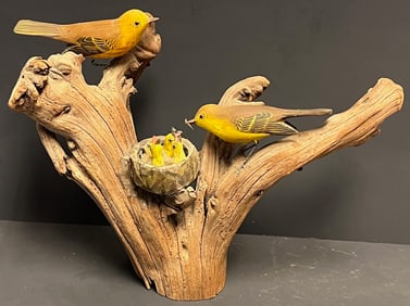 Hand-Carved Bird Family Sculpture mounted on driftwood – Del Higgins, Dexter, Maine