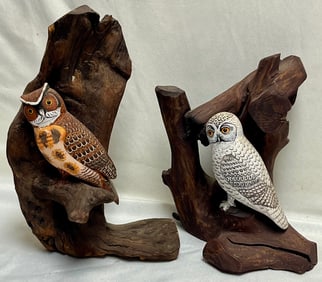 Pair of Hand-Carved Owl Sculptures on Root Wood / Driftwood Bases – Del Higgins, Dexter, Maine