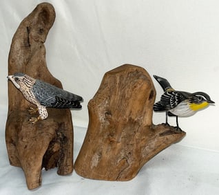 Two Del Higgins (Dexter, Maine) hand-carved and painted bird sculptures on driftwood - Folk Art