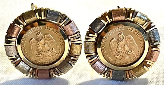 PAIR 14K TRI-GOLD EARRINGS EACH WITH A 1945 DOS PESOS GOLD COIN, 10.2 Grams