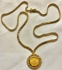 14K YELLOW GOLD 17 1/2" NECKLACE & 1945 DOS PESOS GOLD COIN PENDANT, 17.43 Grams