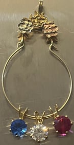 14K TRI-GOLD CHARM HOLDER / PENDANT WITH THREE 14K YELLOW GOLD PENDANTS W/ STONES