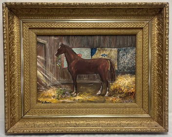 ANTIQUE OIL ON CANVAS HORSE IN STABLE PAINTING, ELABORATE ANTIQUE GILT FRAME