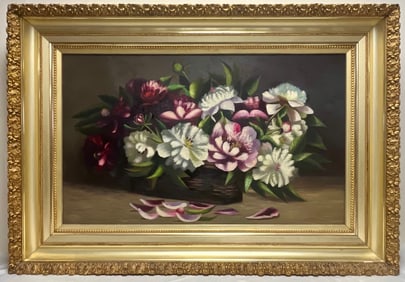 Large Antique Floral Still Life Oil Painting in Elaborate Antique Gilt Frame