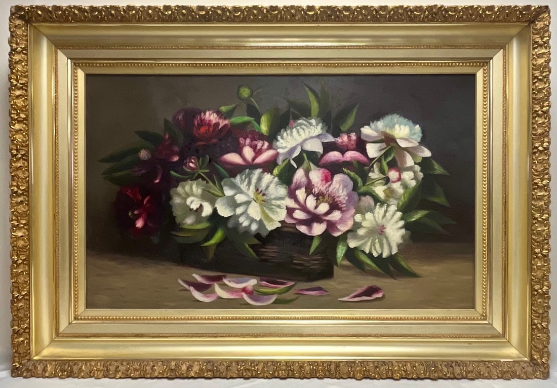 Large Antique Floral Still Life Oil Painting in Elaborate Antique Gilt Frame (1 of 7)