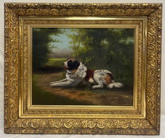 19th-Century Oil on Canvas of a Saint Bernard in Landscape, Elaborate Antique Gilt Frame