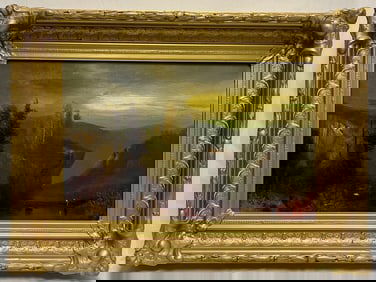 19th-Century Romantic Landscape Oil on Canvas Painting with Figures, Gilt Rococo Frame