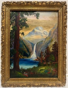 Antique Gilt-Framed Mountain & Waterfall Landscape Painting on Canvas