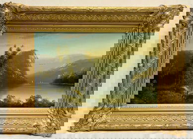 Antique Gilt-Framed Mountain Lake Landscape Painting on Canvas