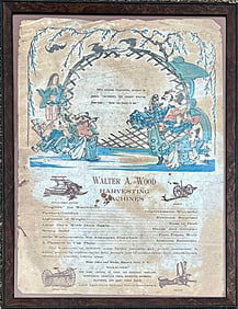 19th Century Walter A. Wood Harvesting Machines Broadside with Japanese Hand-Colored Illustration