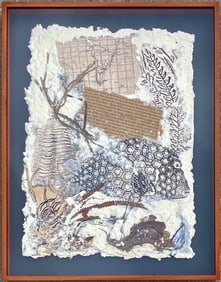 Mixed Media Nature Collage with Fish Motif, Signed & Dated KAREN MOSS '92, Framed