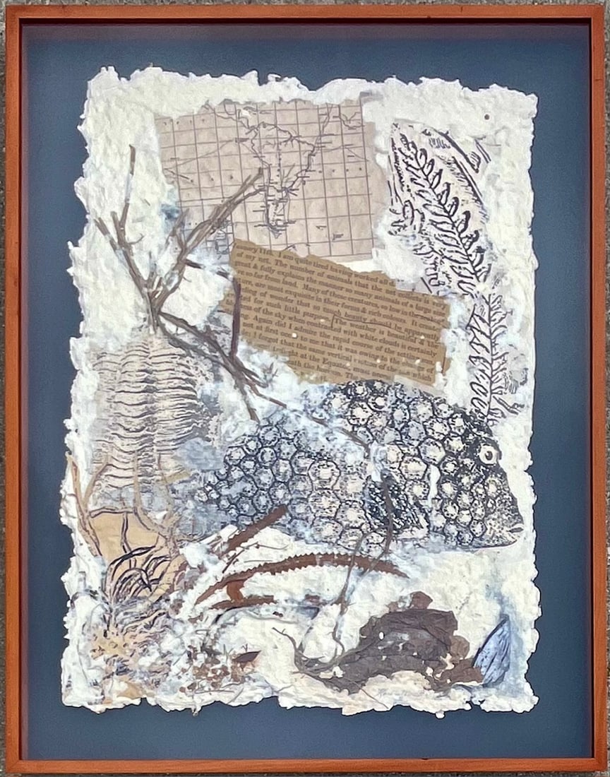 Mixed Media Nature Collage with Fish Motif, Signed & Dated KAREN MOSS '92, Framed: Mixed Media Nature Collage with Fish Motif, Signed & Dated KAREN MOSS '92, Framed, Textured mixed media collage by Karen Moss, signed and dated 1992 at lower right. The composition features a large st
