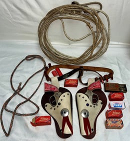 1950s Gene Autry Twin Cap Gun & Holster Set with Lariat, Ammunition Boxes & Accessories