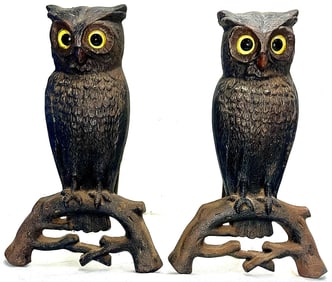 Pair of Vintage Cast Iron Owl Andirons with Glass Eyes, Marked 8000 / 2, Made In USA