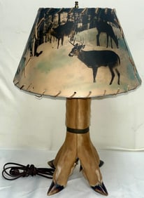 Vintage Taxidermy Deer Hoof Table Lamp w/ Original Laced Buck Scene Shade