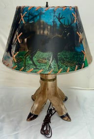 Vintage Taxidermy Deer Hoof Table Lamp w/ Original Laced Buck Scene Shade