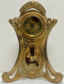 Art Nouveau Gilt Spelter Figural Mantel Clock With Maiden in Relief — ca. 1900