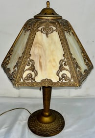 Early 20th C. Art Nouveau Slag Glass Panel Table Lamp w/ Ornate Metal Overlay