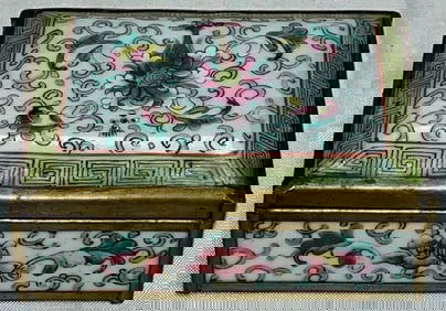 Vintage Chinese Enameled Porcelain Trinket Box w/ Brass Frame – Floral Scroll Design