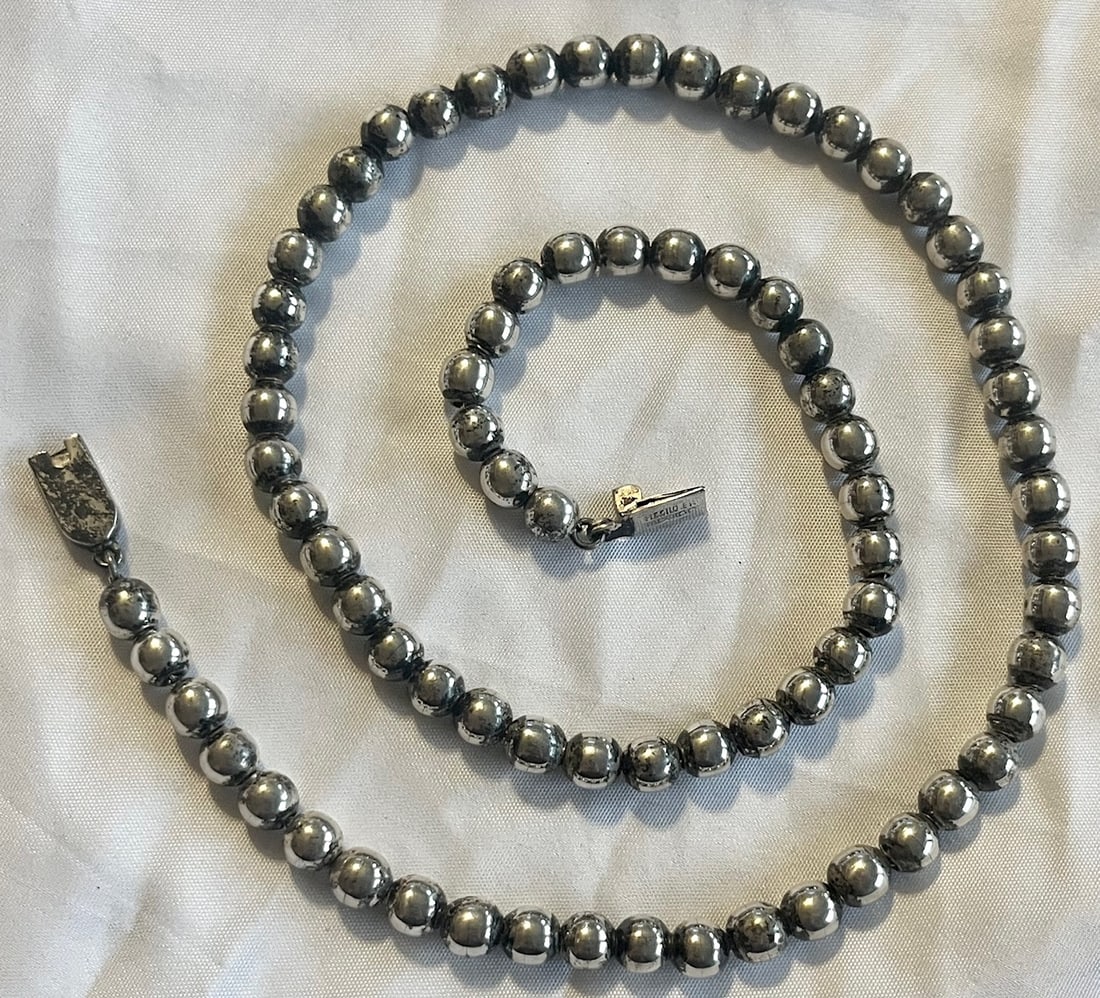 Vintage Taxco Mexican Sterling Silver Bead Necklace, Signed “Chavez", 58.21 grams: Vintage Taxco Mexican Sterling Silver Bead Necklace, Signed “Chavez,” 58.21 grams, Vintage beaded sterling silver ball/bead necklace. The Necklace features round beads strung in a classic Taxc