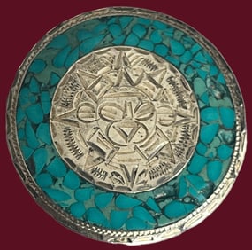 Vintage Mexican Sterling Silver & Turquoise Mosaic Aztec Sun Brooch – 14 grams