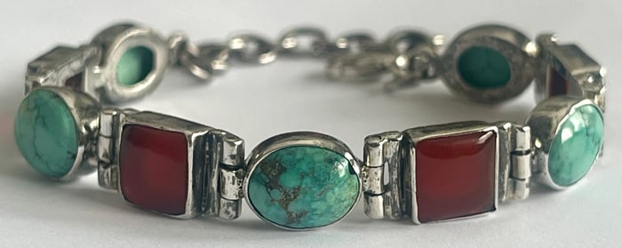 Vintage Sterling Silver Turquoise & Red Jasper/Carnelian Link Bracelet – 16 grams