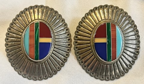 Vintage Navajo Sterling Silver Multicolor Inlay Sunburst Concho Earrings – Pair, 9.57 grams