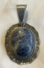 Large Mexican Sterling Silver Pendant with Blue Sodalite Cabochon – 27.21 grams – Taxco