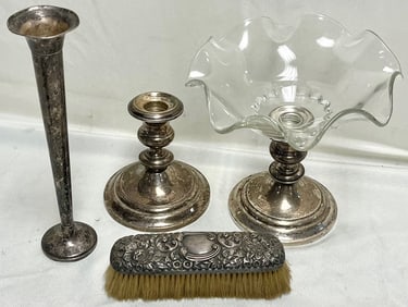 Vintage Sterling Silver Lot Including a Sterling Bud Vase, Pr. Candlesticks, Elaborate Embossed