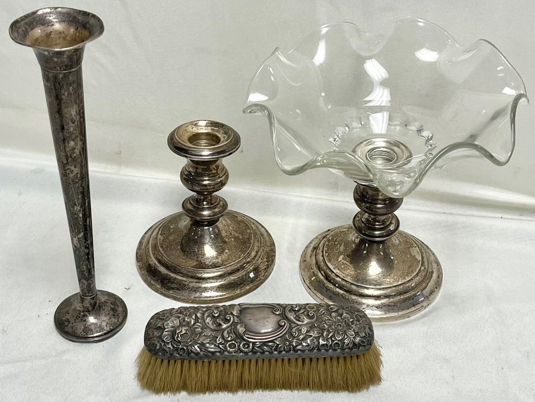 Vintage Sterling Silver Lot Including a Sterling Bud Vase, Pr. Candlesticks, Elaborate Embossed: Vintage Sterling Silver Lot Including a weighted Sterling Silver Bud Vase, Pr. of GORHAM Sterling silver weighted Candlesticks and an Elaborate Embossed Brush, TOTAL WEIGHT ALL INCLUSIVE 40.5 OUNCES,