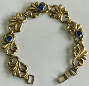 Vintage SYMMETALIC Sterling Silver & 1/20 14K Gold-Filled Scroll Bracelet w/ Blue Glass Stones
